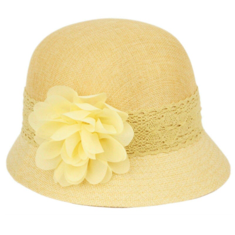 Women's Gatsby Linen Cloche Hat with Lace Band and Flower (CL2265YELLOW)